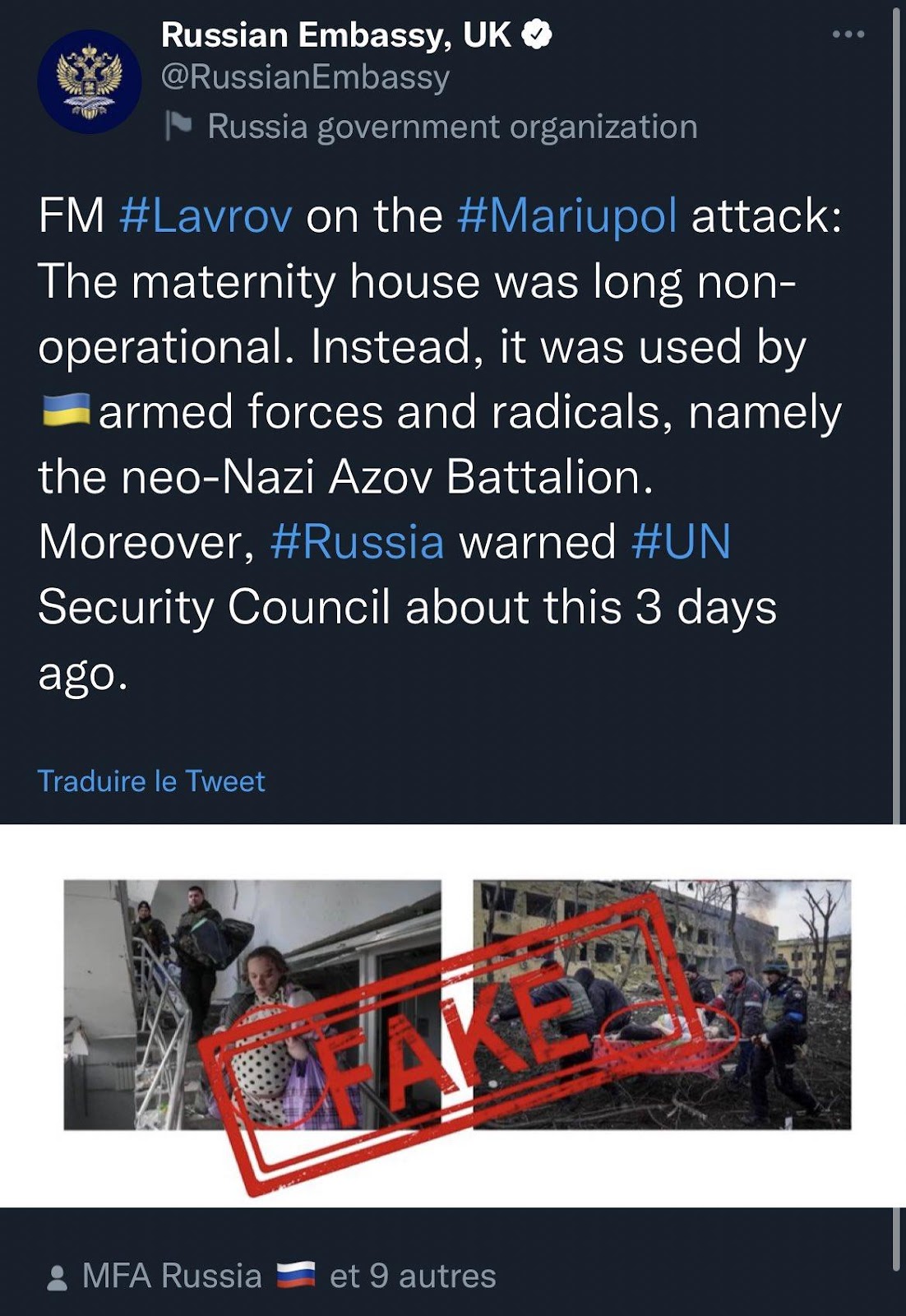 TWEET from @RussianEmbassy, UK FM #Lavrov on the #Mariupol attack: the maternity house was long non-operational. Instead, it was used by 🇺🇦 armed forces and radicals, namely the neo-Nazi Azoz Battalion. Moreover, #Russia warned #UN Security Council about this 3 days ago.
